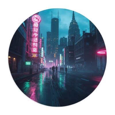 Cyberpunk Cityscape Round Mouse Pad